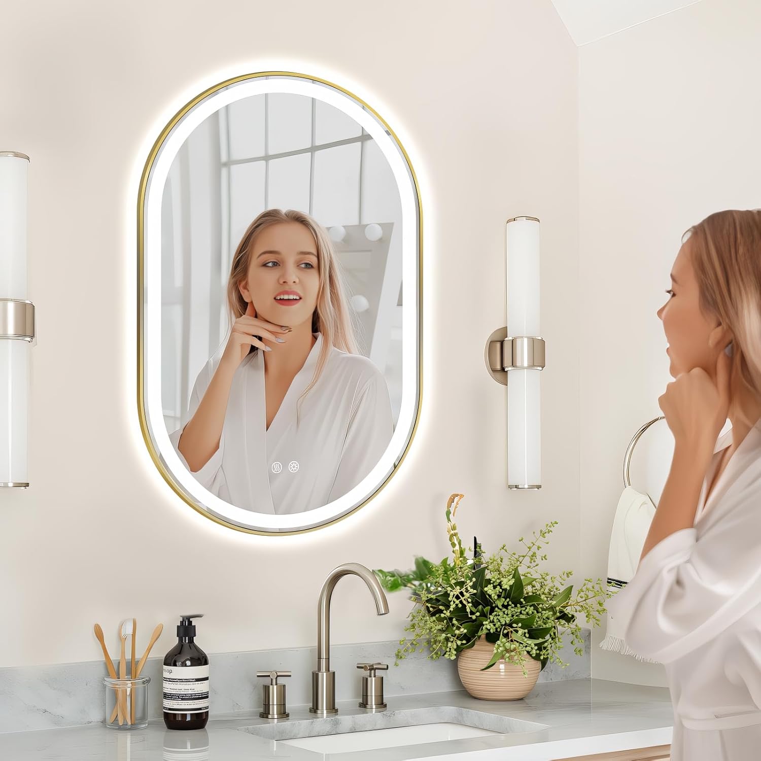 Niccy Oval LED Mirror for Bathroom, 40x24 Front Lit + Backlit Vanity Mirrors with Light Anti-Fog, Shatter-Proof, 3 Colors, Makeup Mirror with Old Gold Frame (Horizontal/Vertical)