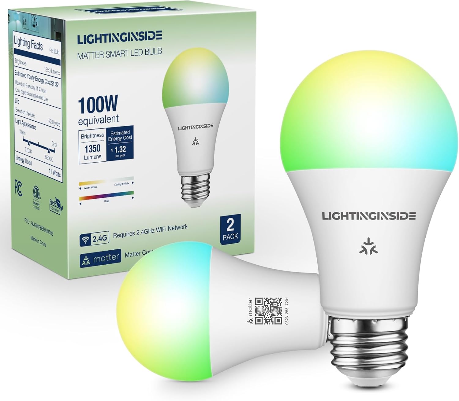 Matter Smart Light Bulbs 100W Equiv, Compatible with Alexa/Apple Home/Siri/Google Home/SmartThings, A19 E26 WiFi RGBCW Color Changing Light Bulb, 11W 1350LM, 2.4G WiFi, ETL Listed, 2PCS