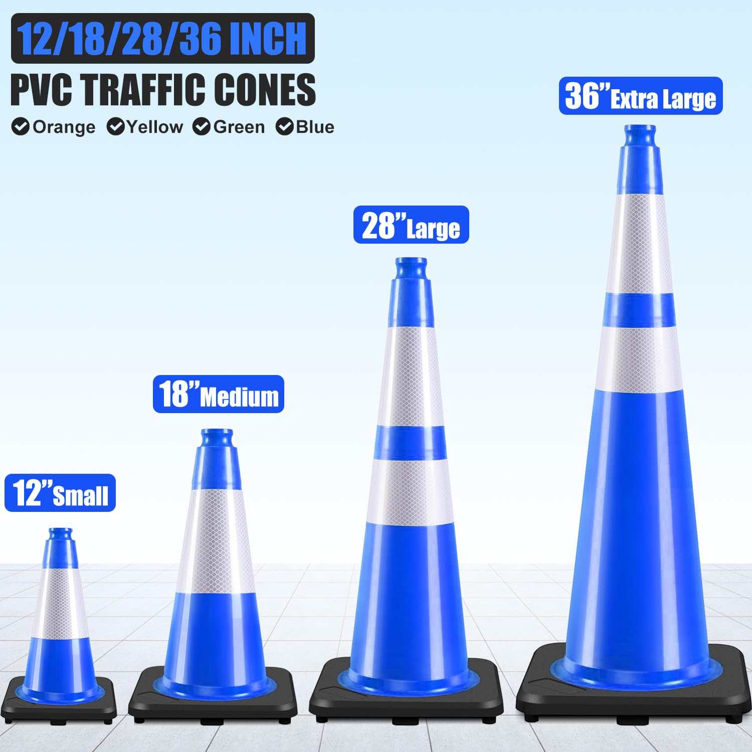 6 Pack 12" Inch Blue PVC Traffic Cones with Heavy-Duty Base, High-Visibility All-Weather Safety Cones for Road Construction, Parking Lot, and Garage Use (6, Blue, 12" Small)