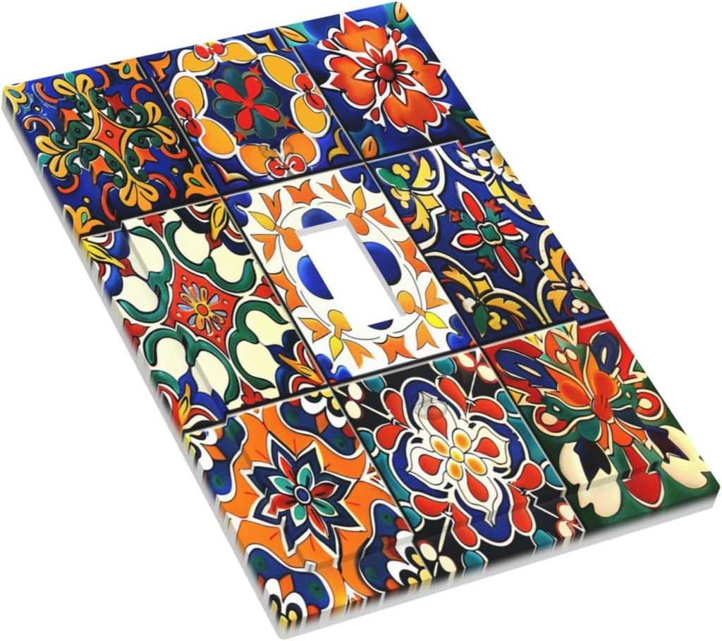 Decorative Light Switch Cover Colorful Mexican Talavera Vintage Boho Floral 1 Gang Single Toggle Device Electrical Faceplate Switchplates Decorator Outlet Wall Plate For Farmhouse