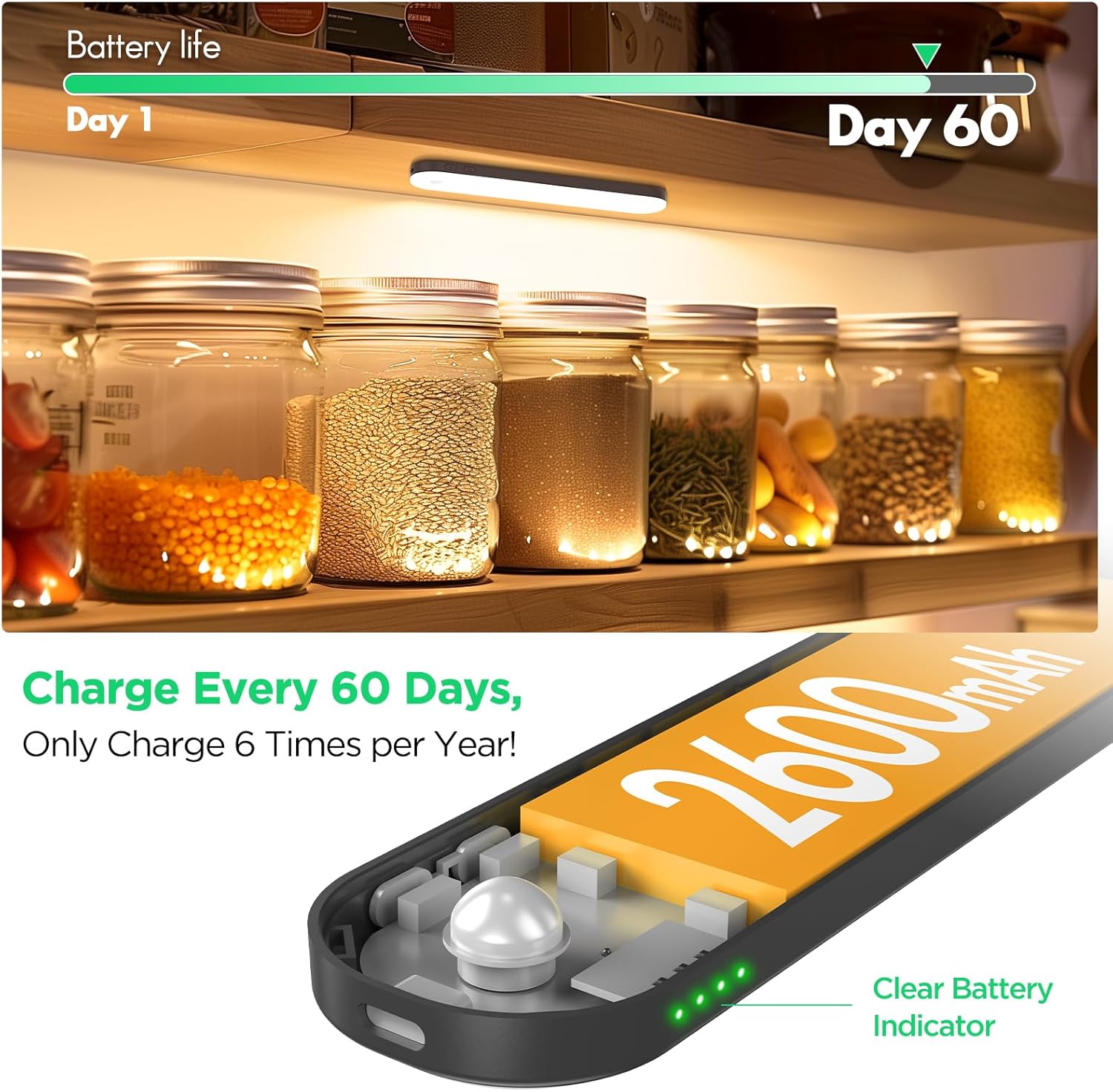 deerdance Under Cabinet Lighting, Motion Sensor Lights Indoor with Soomth Dimming, 2600mAh Rechargeable Closet Lights Wireless, Magnetic Under Counter Lights for Kitchen Hallway Stairs, 6-Pack