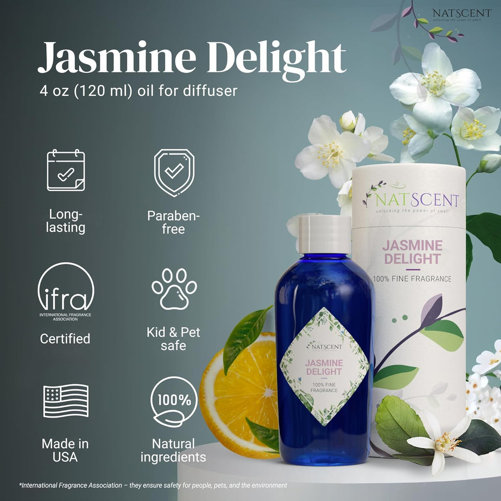 Jasmine Delight Essential Oils for Diffusers for Home, Nature-derived Jasmine Essential Oil, Long-Lasting & Family-Friendly Diffuser Oils Scents, IFRA Certified, Cold Air & Ultrasonic – 4oz