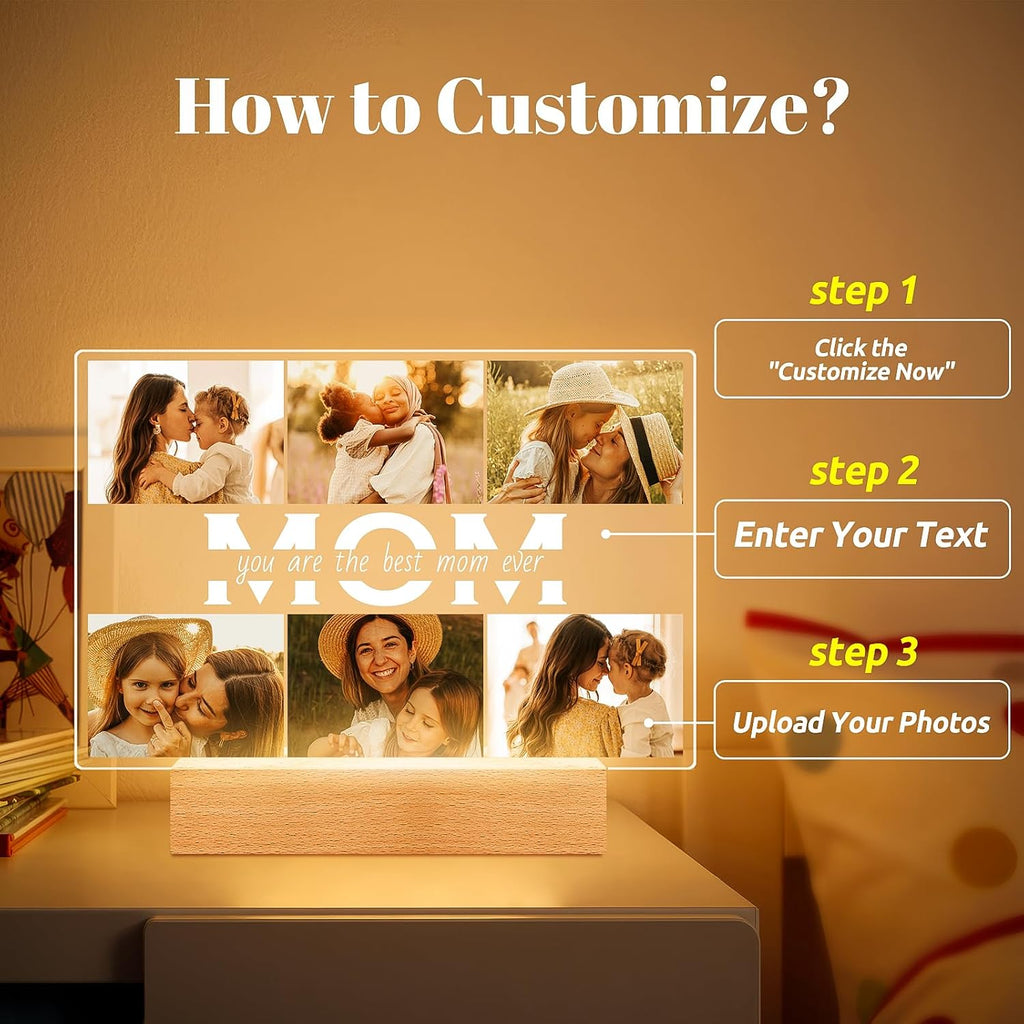 Personalized Gifts for Mom from Daughter Son, Custom Picture Frames with Photos, Customized Photo Frame with Night Light, Personalized Birthday Gifts for Mom Baby Kids Family
