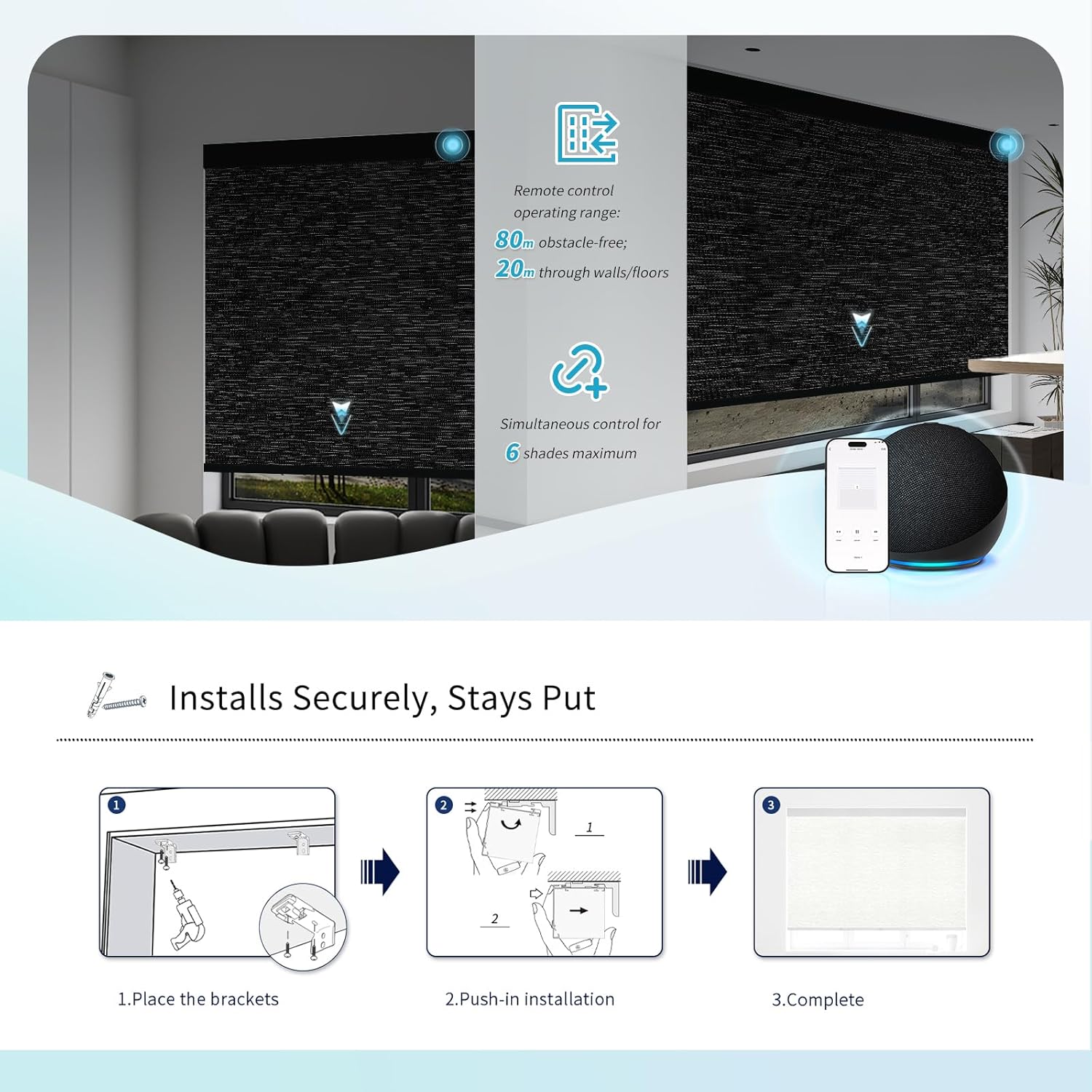 Motorized Blinds with Remote Custom Size Blackout Smart Roller Shades Compatible with Alexa Google, Electric Blinds for Windows