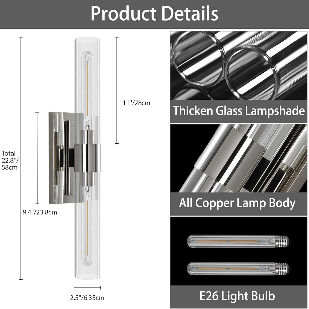 YUYI Nickel Wall Sconce Light, 22.8'' Indoor Sconces Wall Decor with Clear Glass Shade, Bathroom Vanity Wall Lights for Bathroom Living Room Bedroom Hallway Fireplace Staircase