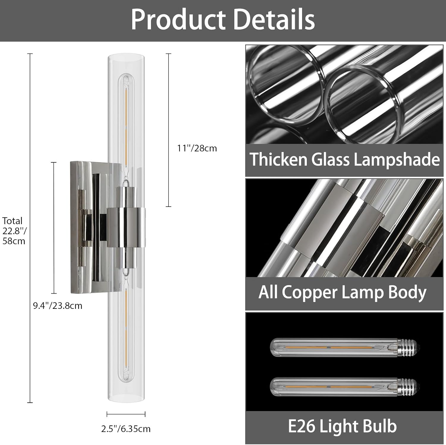 YUYI Nickel Wall Sconce Light, 22.8'' Indoor Sconces Wall Decor with Clear Glass Shade, Bathroom Vanity Wall Lights for Bathroom Living Room Bedroom Hallway Fireplace Staircase
