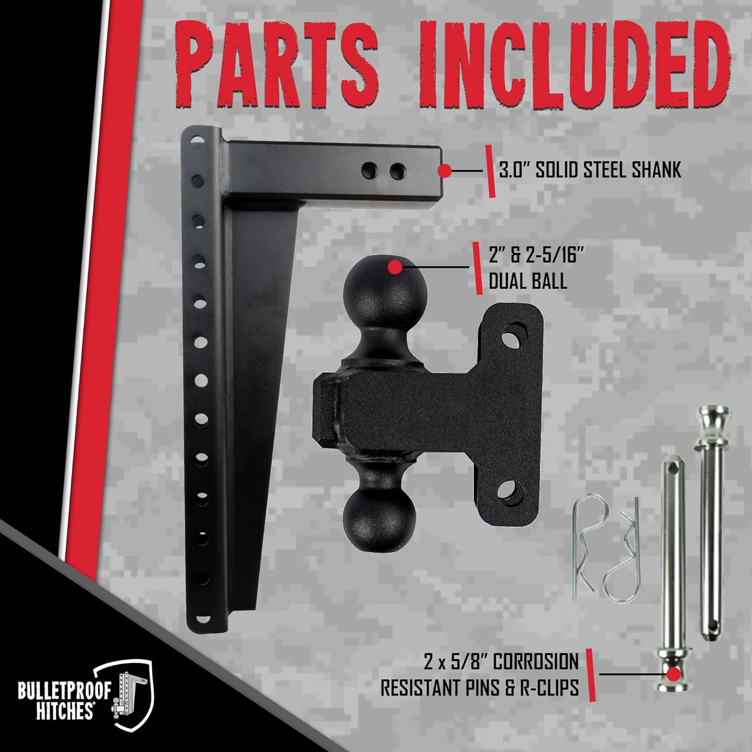 BulletProof Hitches - 3.0" Adjustable Heavy Duty Trailer Hitch (22,000 lb. Rating) - 20" Drop/Rise Trailer Hitch with 2" & 2-5/16" Dual Ball - Powder Coat, Solid Steel, Corrosion-Resistant