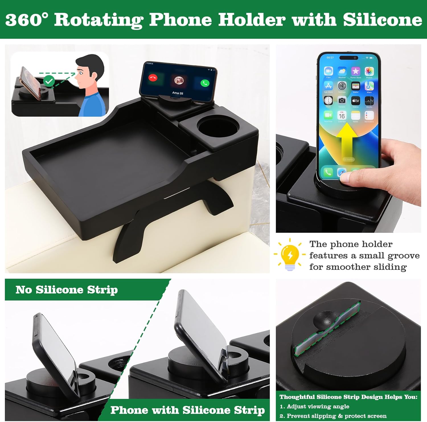 Couch Cup Holder Tray, 15.4"x9.9" Large 4 in 1 Couch Arm Tray with 360°Rotated Phone Holder, Non-Slip Clip on Side Table for Drinks/Remote/Snacks, Ideal Gift for Husband, Wife, Parents