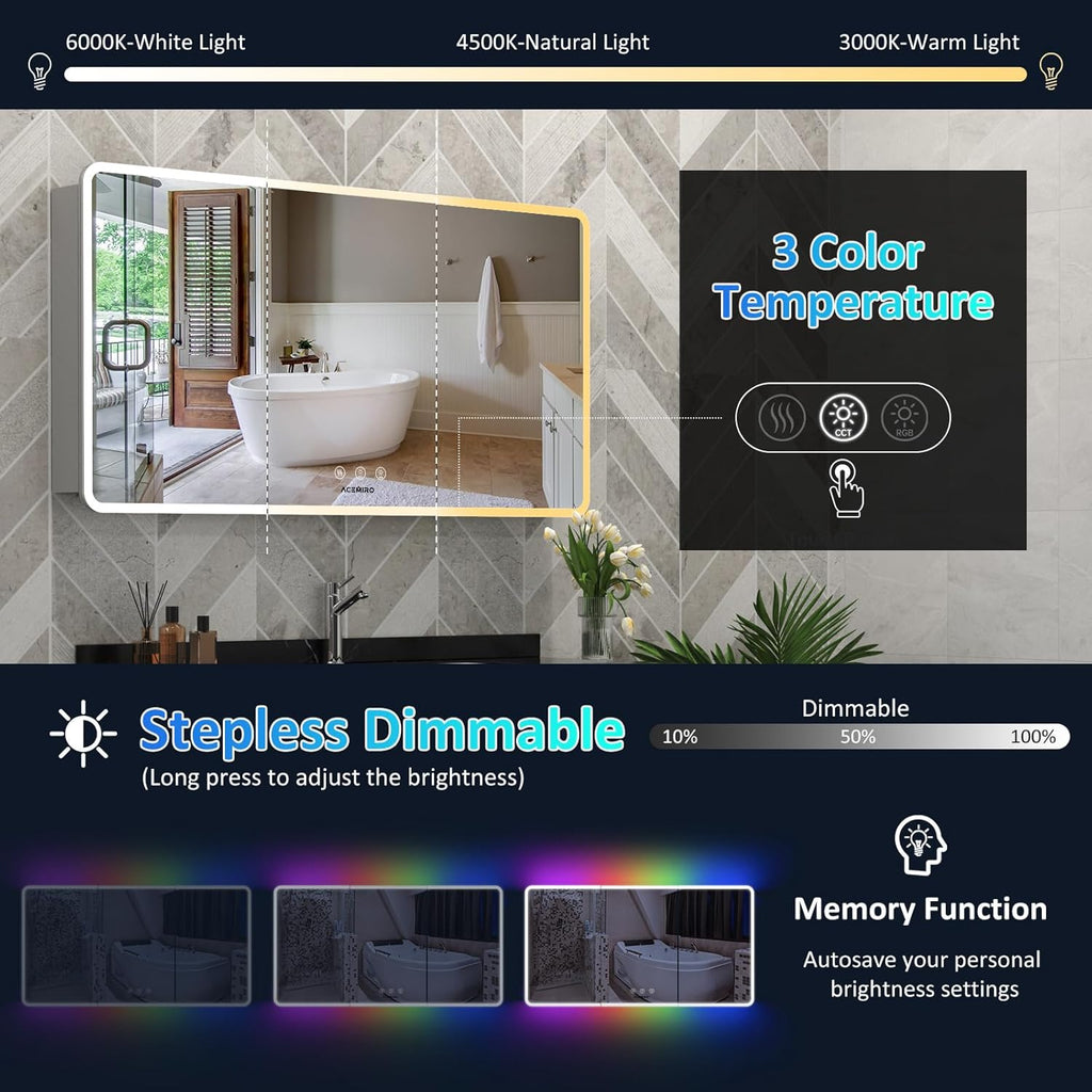 60×32 Inch Lighted Medicine Cabinet with Mirror, RGB Backlit LED Medicine Cabinet with 3-Color Front Lights, Bathroom Mirrored Cabinet with Electrical Outlet, Defogger, Three Door