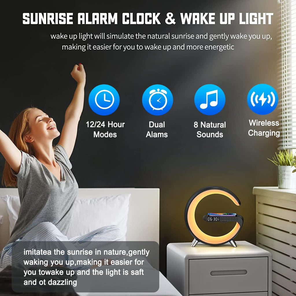 Smart LED Night Light, Wireless Charger, Phone Wireless Charging Dock, Table Bedside Lamp, Sunrise Alarm Clock, Bluetooth Speaker & App Control, Ideal for Bedroom, Home Decor, Birthday, Christmas Gift