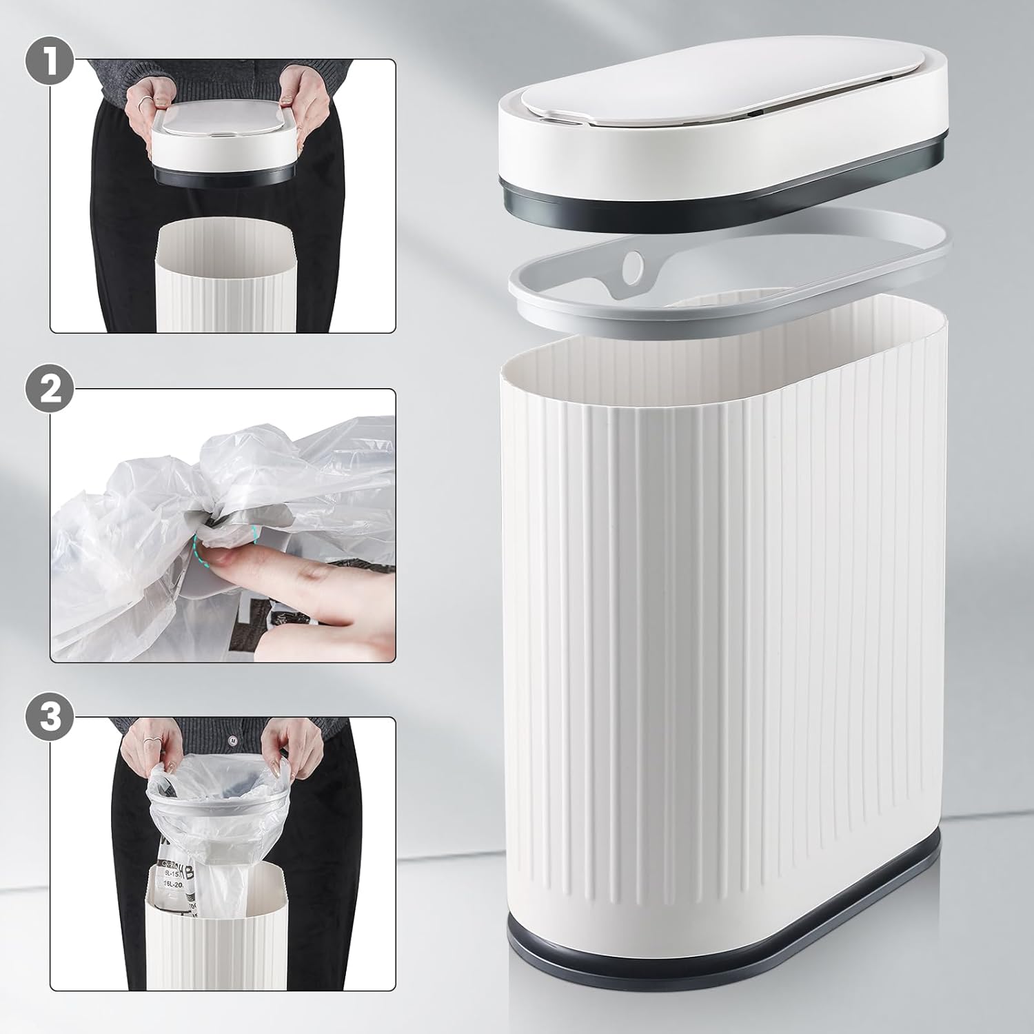 ELPHECO Bathroom Trash Can with Lid 2 Gallon Motion Sensor Garbage Can 7.5 Liter Small Trash can Touchless Bathroom Decor Waterproof Smart Waste Bin with Stripes for Bedroom, Office (White-Black)