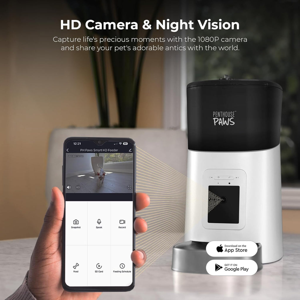 Smart HD Automatic Cat Feeder with 1080P Camera & Night Vision, 2-Way Audio, WiFi App Control, Anti-Jam 6L Cat Feeder with Backup Power, Easy to Clean, Up to 15 Meals for Cat & Dog, White Stainless