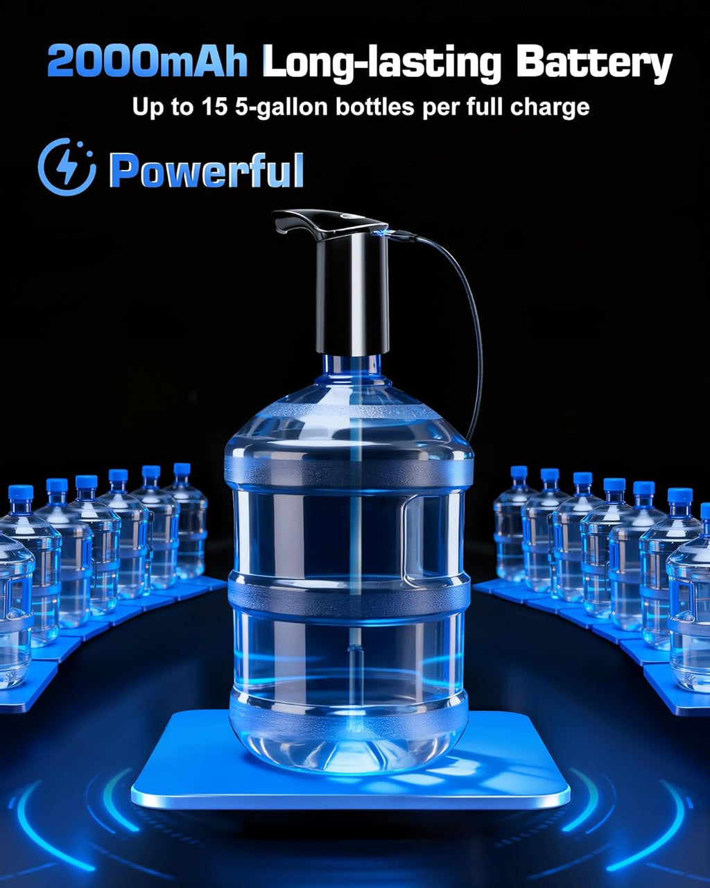 Rechargeable Water Dispenser Pump for 5 Gallon Bottle, Electric USB-C Large Flow Water Jug Dispenser, Portable Automatic Submersible Bottle Pump Silent Operation for Camping Home Office