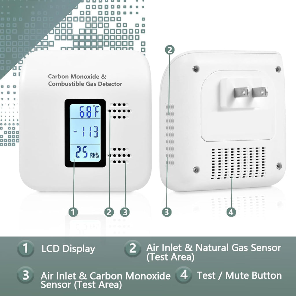 Carbon Monoxide Detectors Plug in, 4-in-1 CO & Natural Gas Detector with Fast Response Sensor, Ultra-Thin Foldable Plug, Temperature & Humidity Display for Home, Apartment & RV Safety