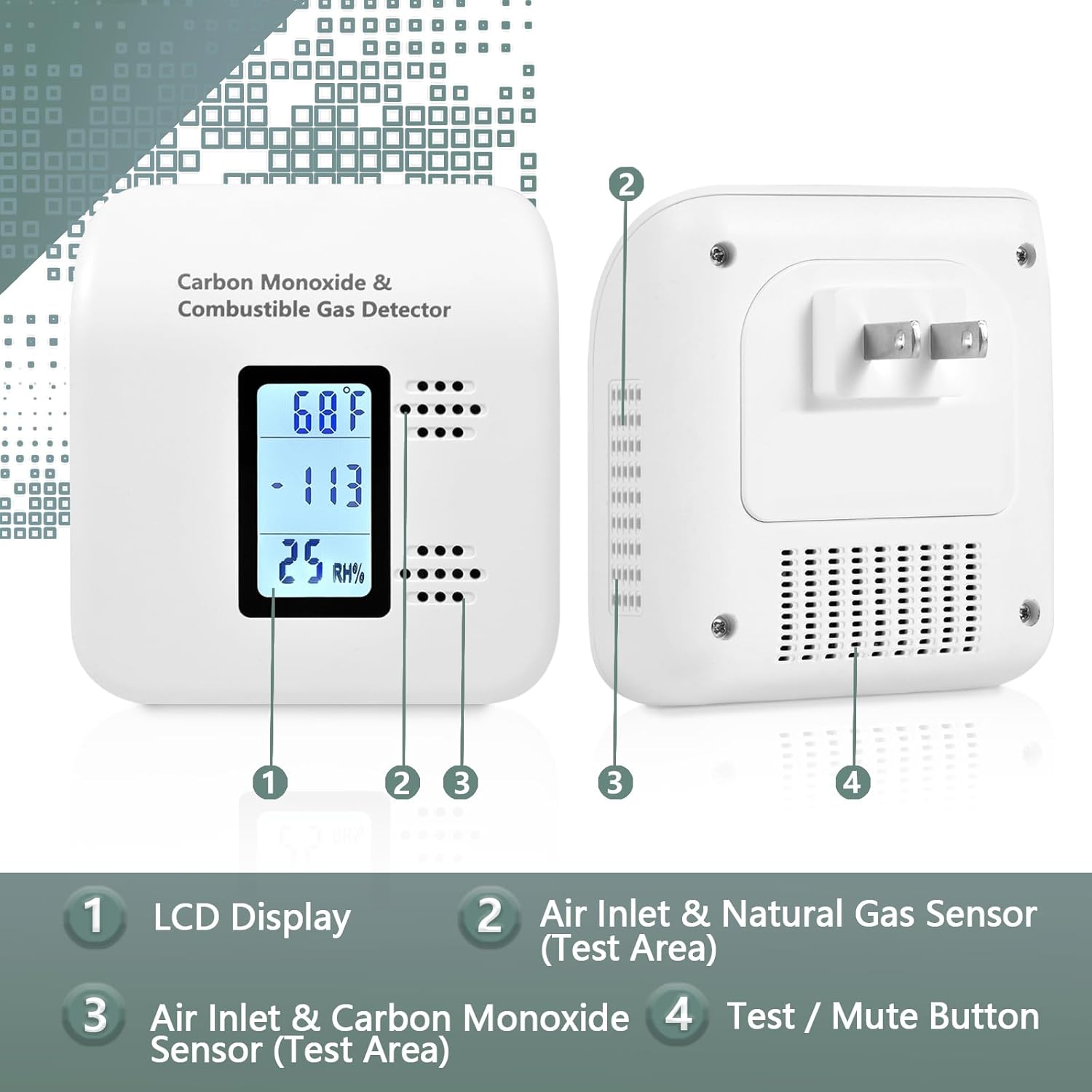 Carbon Monoxide Detectors Plug in, 4-in-1 CO & Natural Gas Detector with Fast Response Sensor, Ultra-Thin Foldable Plug, Temperature & Humidity Display for Home, Apartment & RV Safety
