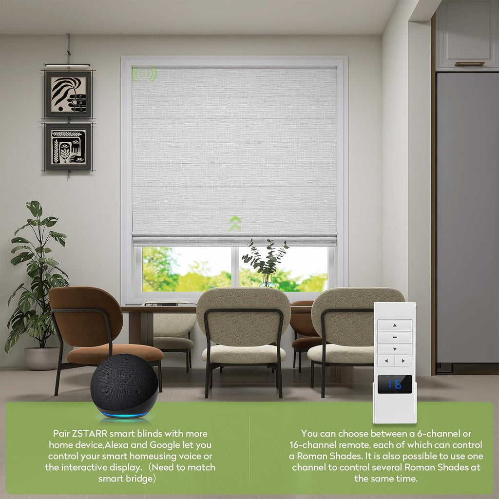 ZSTARR Smart Roman Shades Rechargeable Motorized Blinds with Remote Full Blackout Roman Window Shades Plain Fold Soft for Doors Bedroom, Custom Size (Gray)