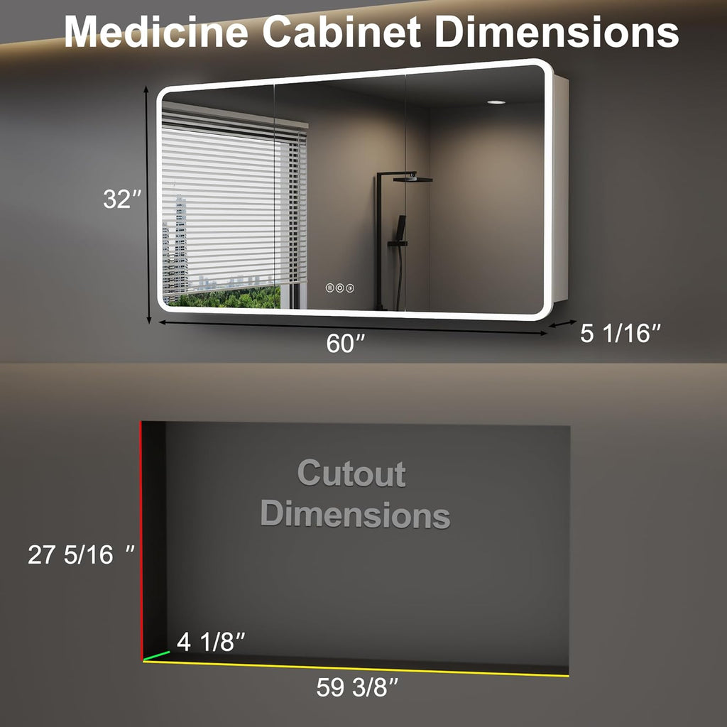 Medicine Cabinet with LED Lights and Mirror, 60 x 32 Inch Surface or Recessed Mounted Bathroom Cabinets with Door, Defogger, Memory Function, 3-Color Mode, Outlet&USB, Dimmer, Storage