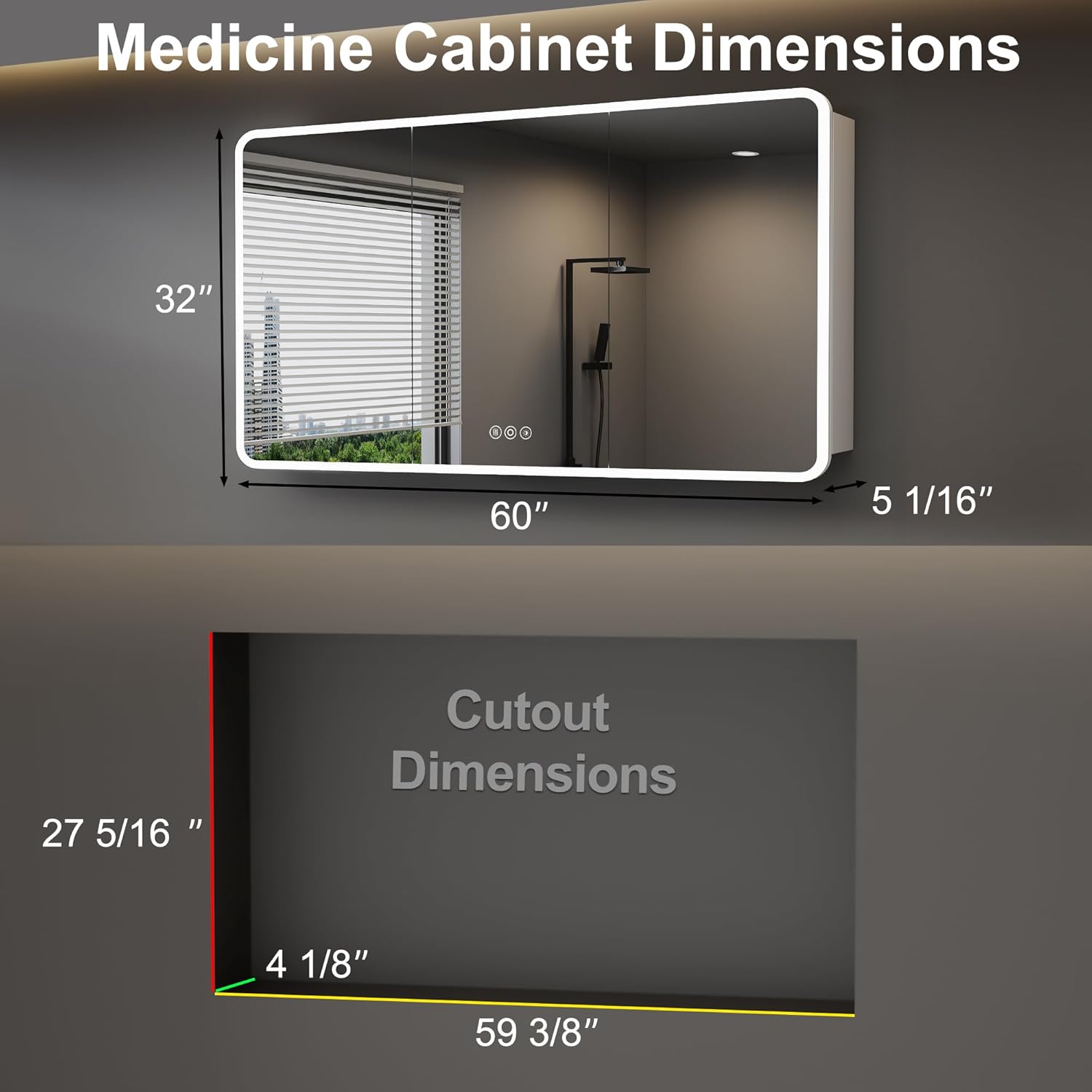 Medicine Cabinet with LED Lights and Mirror, 60 x 32 Inch Surface or Recessed Mounted Bathroom Cabinets with Door, Defogger, Memory Function, 3-Color Mode, Outlet&USB, Dimmer, Storage