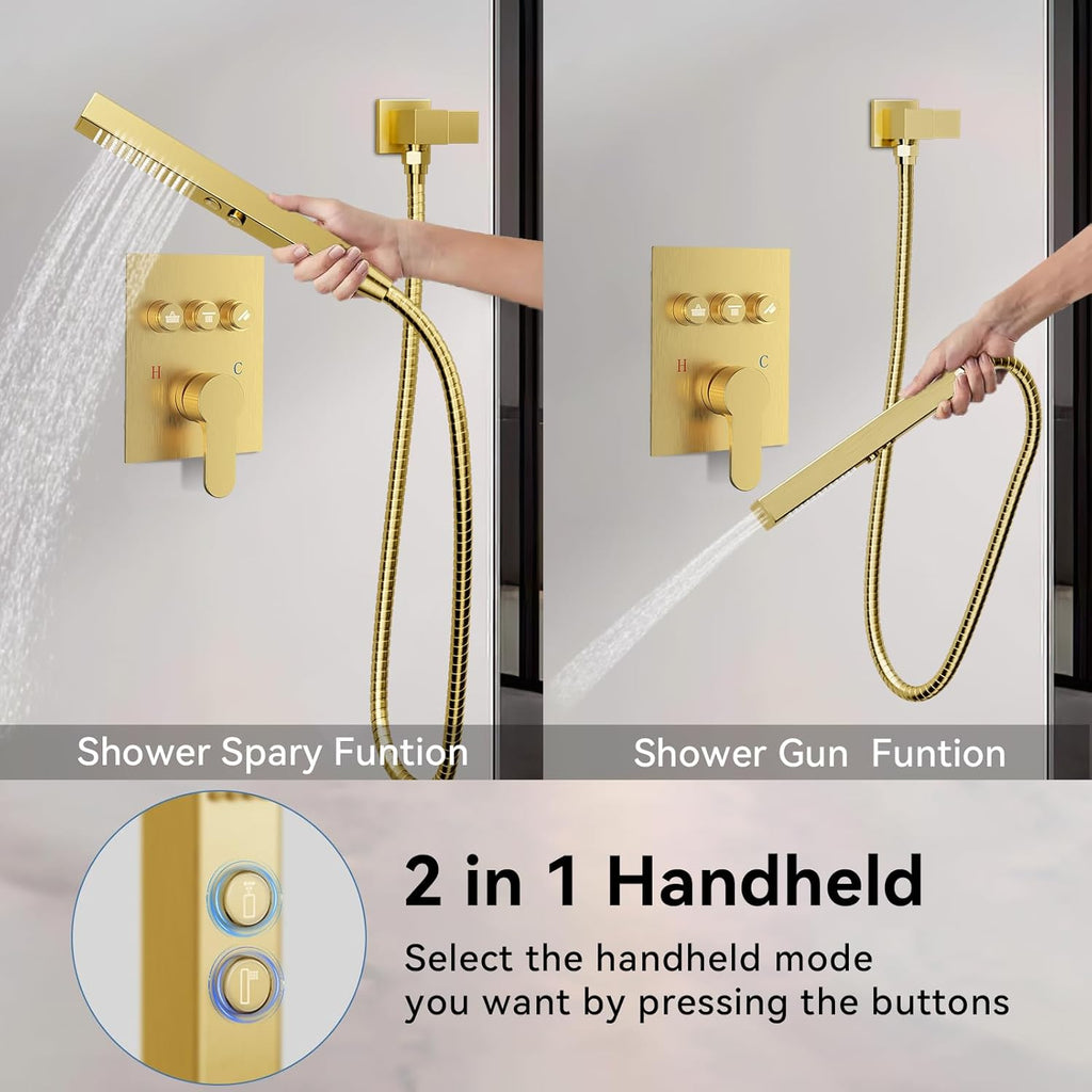 Brushed Gold Shower System, STARBATH 12+8" Rainfall Shower System with Square Shower Head and Handle Set Ceiling Mount, Can Use All at Once Push Button Diverter Pressure Balancing Valve with Trim Kit