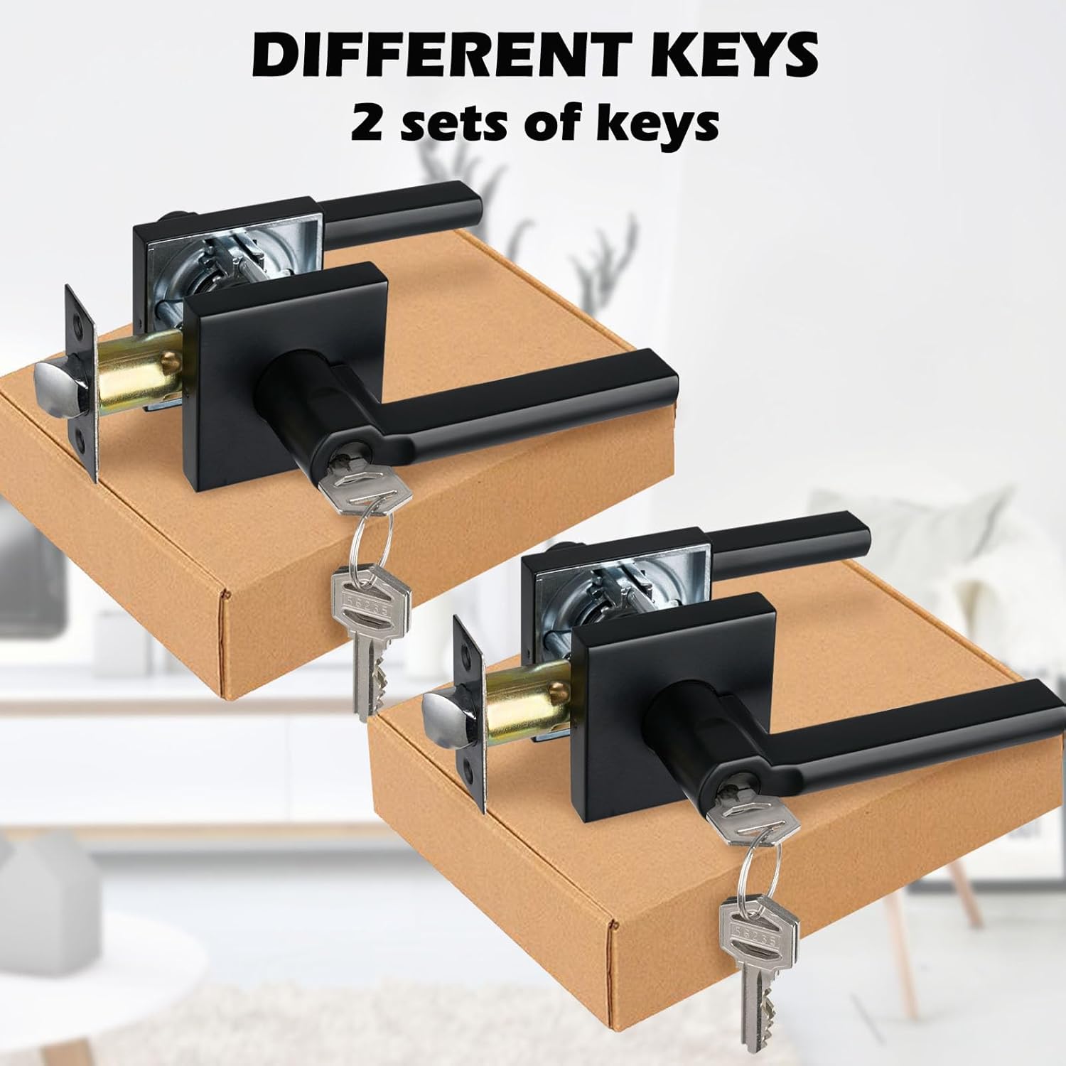 Keyed Entry Door Lever with Lock, Heavy Duty Square Interior Handle for Front Door and Office, Matte Black, Reversible for Right&Left Handed, 2Packs