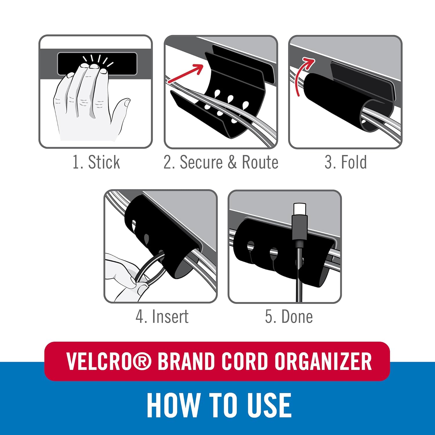 Velcro Brand Cord Organizer for Desk & Nightstand, Stocking Stuffers for Adults, 5 Cable Slots with Sleeve Routing, Adhesive Wire Holder for Cord Management, Home, Office & Gaming, Black 2 Pack
