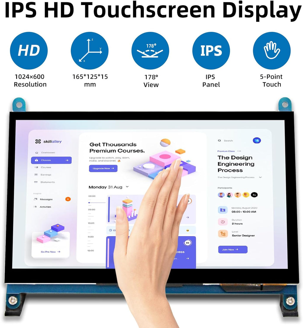 7 Inch LCD Touch Screen, 1024x600 IPS Display with Stand, HDMI Portable Monitor for Raspberry Pi 5/4B/3B+/3B/B+/Zero/400, BB Black, Windows 10 8 7, Free Driver