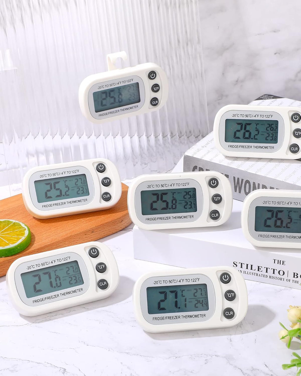 Frienda 16 Pack White Digital Fridge Thermometer Waterproof Refrigerator and Freezer Room Max/min Record Function LCD Screen Refrigerator Thermometer with Hook and Magnetic Back for Home