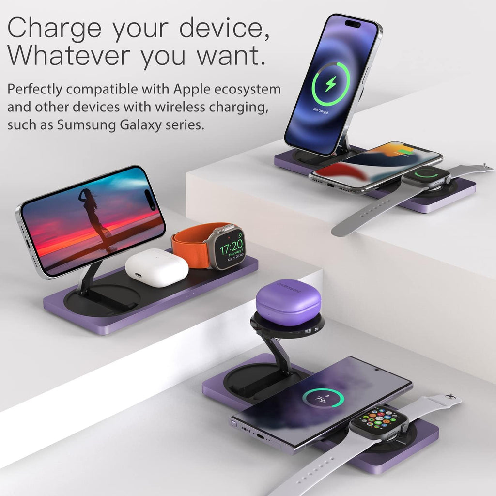 PETINO Mag-Safe Charger Stand, 3-in-1 Magnetic Wireless Charging Station for Apple Devices, iPhone 15/14/13/12 Series, Apple Watch, AirPods Pro (Purple)