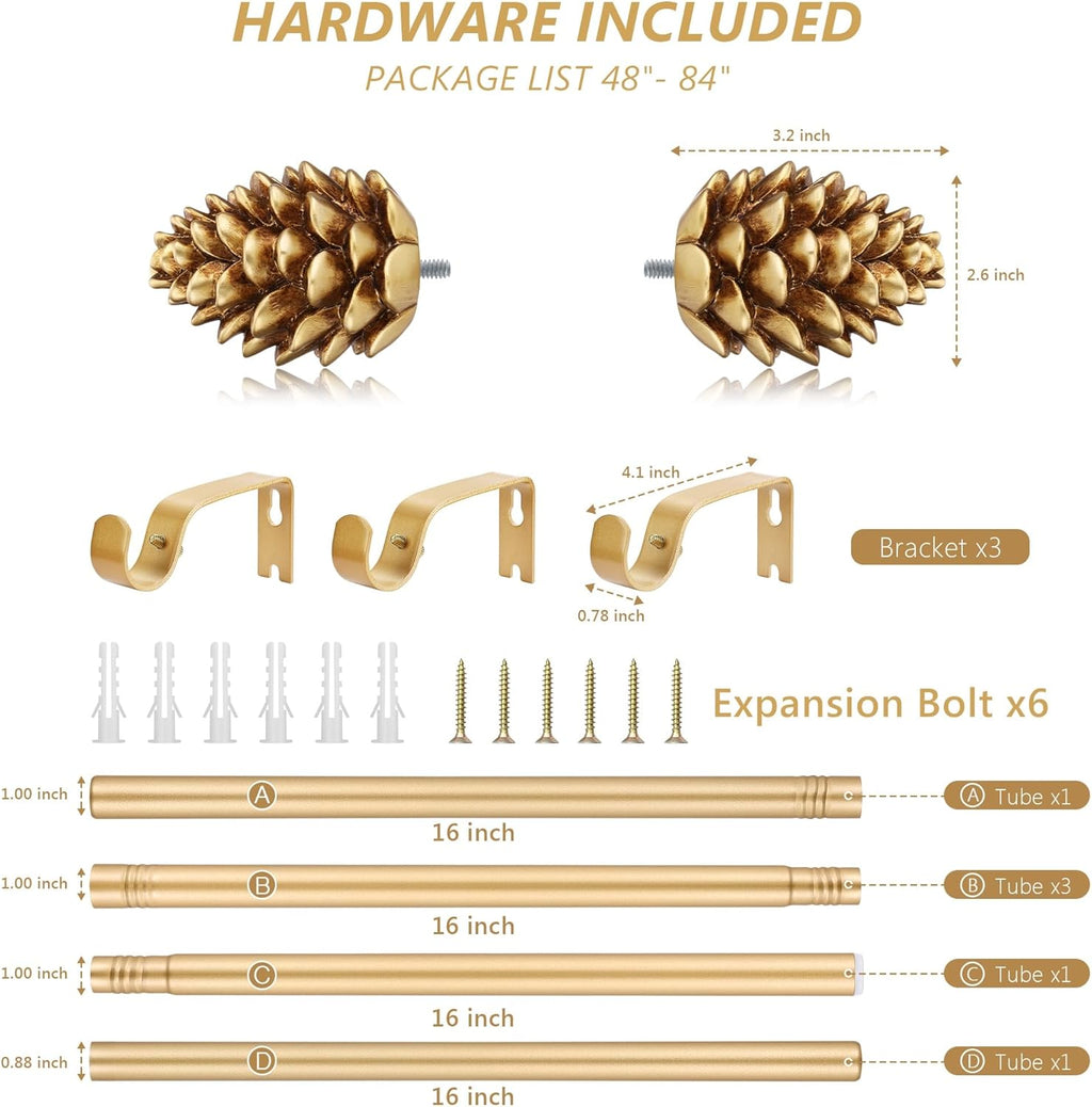 Gold Curtain Rods for Windows 48 to 84 Inches, 1 Inch Diameter Heavy Duty Single Curtain Rod, Adjustable Window Curtain Rod Drapery Rod with Decorative Finials