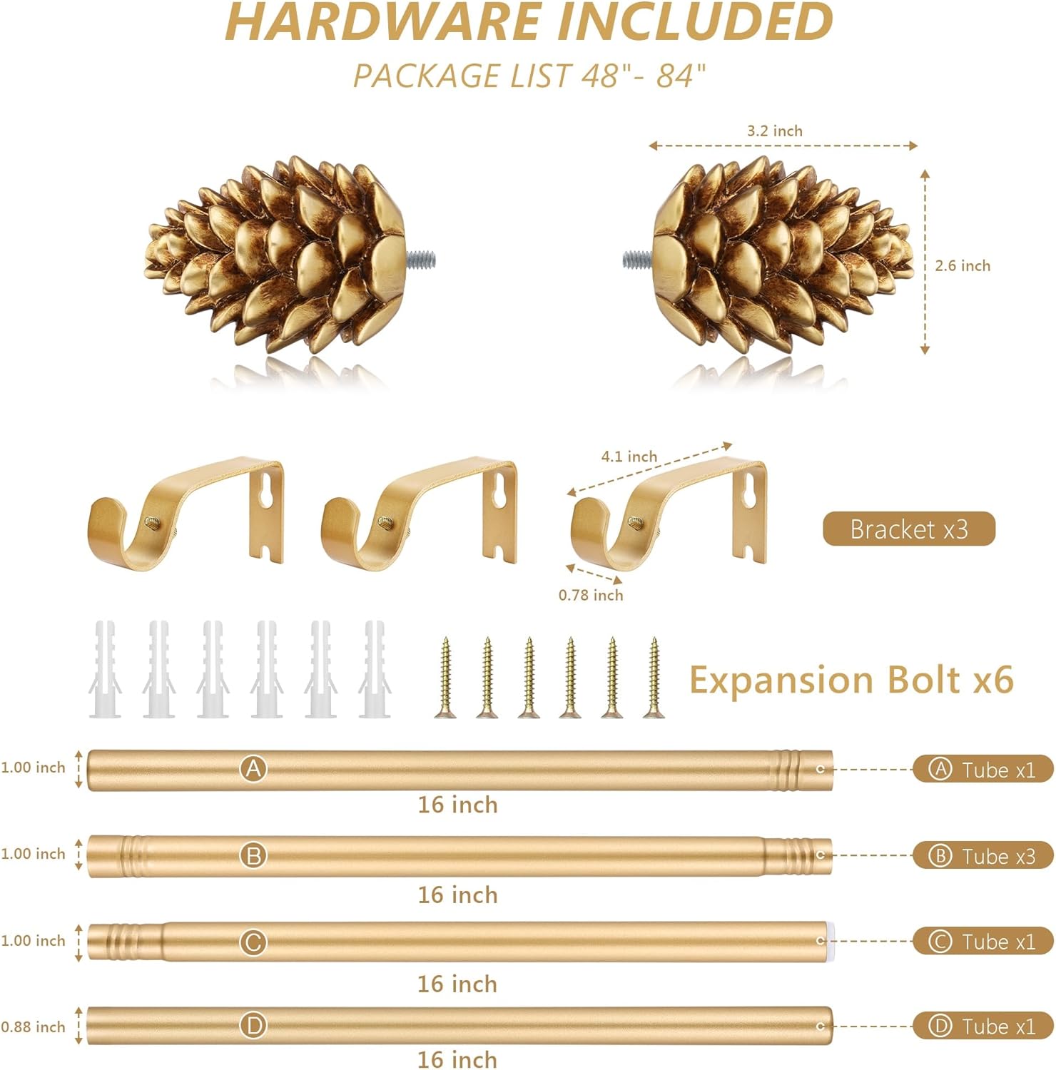 Gold Curtain Rods for Windows 48 to 84 Inches, 1 Inch Diameter Heavy Duty Single Curtain Rod, Adjustable Window Curtain Rod Drapery Rod with Decorative Finials