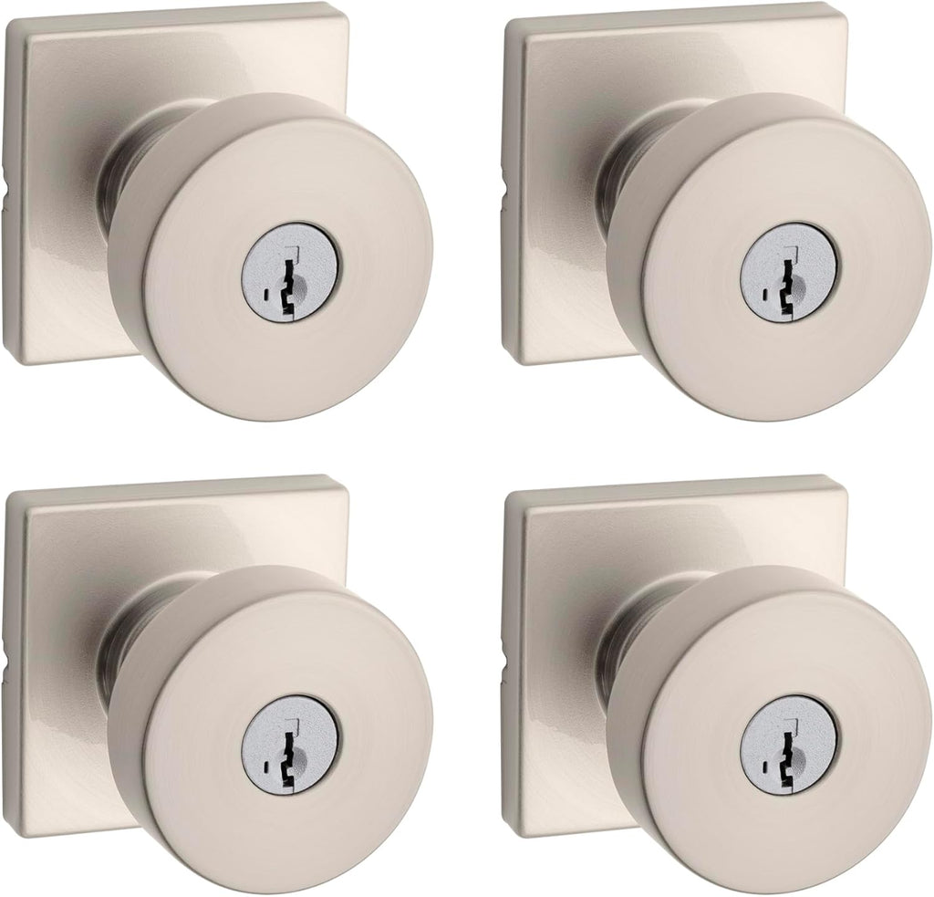 Kwikset Pismo Entry Door Knob with Lock and Key, Secure Keyed Handle Exterior, Front Entrance and Bedroom, Satin Nickel, 4 Pack, Pick Resistant SmartKey Rekey Security and Microban