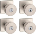 Kwikset Pismo Entry Door Knob with Lock and Key, Secure Keyed Handle Exterior, Front Entrance and Bedroom, Satin Nickel, 4 Pack, Pick Resistant SmartKey Rekey Security and Microban