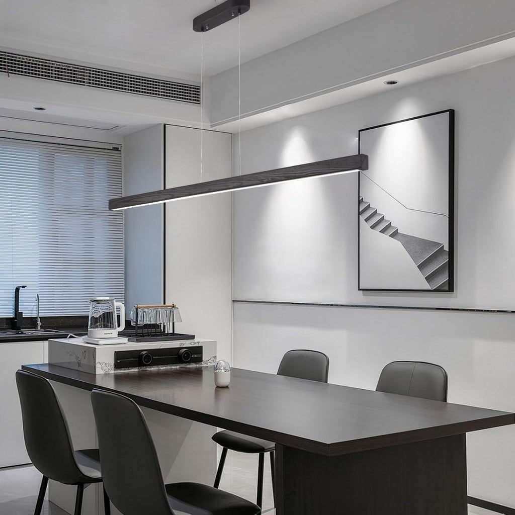 Black Wood Linear Pendant Light – Dimmable LED Chandelier with Remote, Modern Minimalist Lighting for Kitchen Islands, Dining Rooms & Pool Tables (Energy-Efficient 19W)