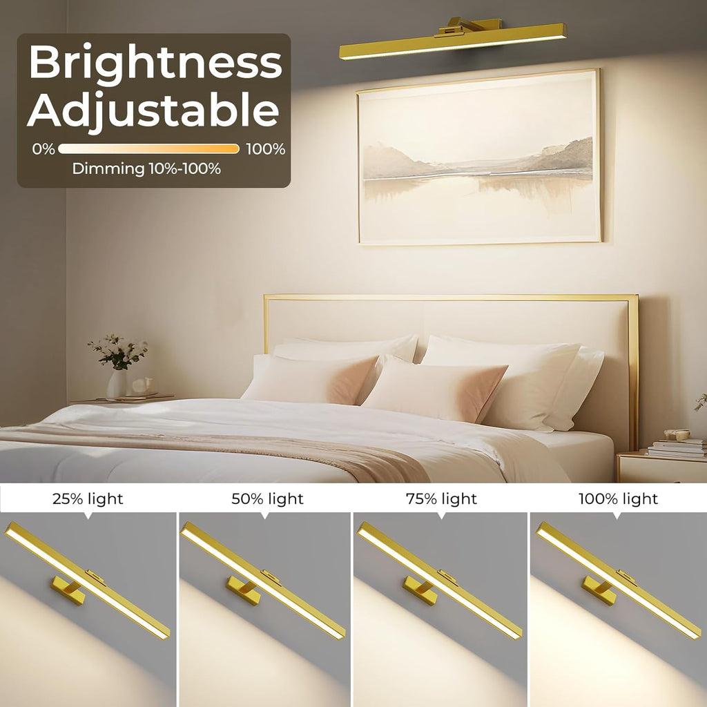 Picture Lights for Wall, 2PCS 24in Battery Operated Picture Light for Paintings CCT Dimmable Recharging Battery Wall Lamp with Remote Control for Living Room Gallery Dartboard Gold Color