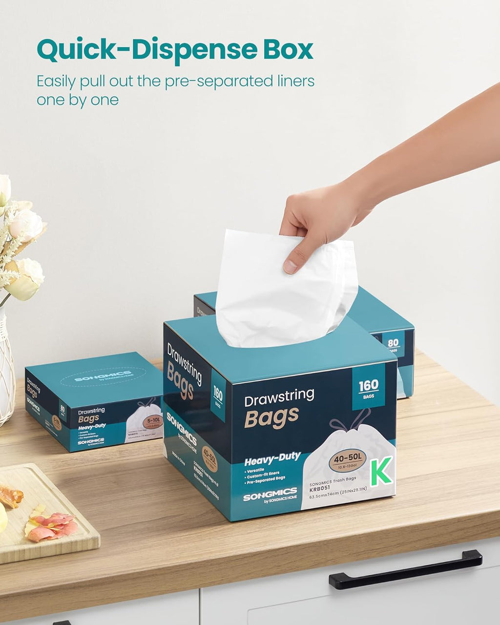 SONGMICS Trash Bags for 13-Gallon (50 L) Trash Cans, Drawstring Kitchen Garbage Bags, Pre-Separated, Quick-Dispense Box, Liner Code K, 4 Rolls, 160 Count, White UKRB051A04