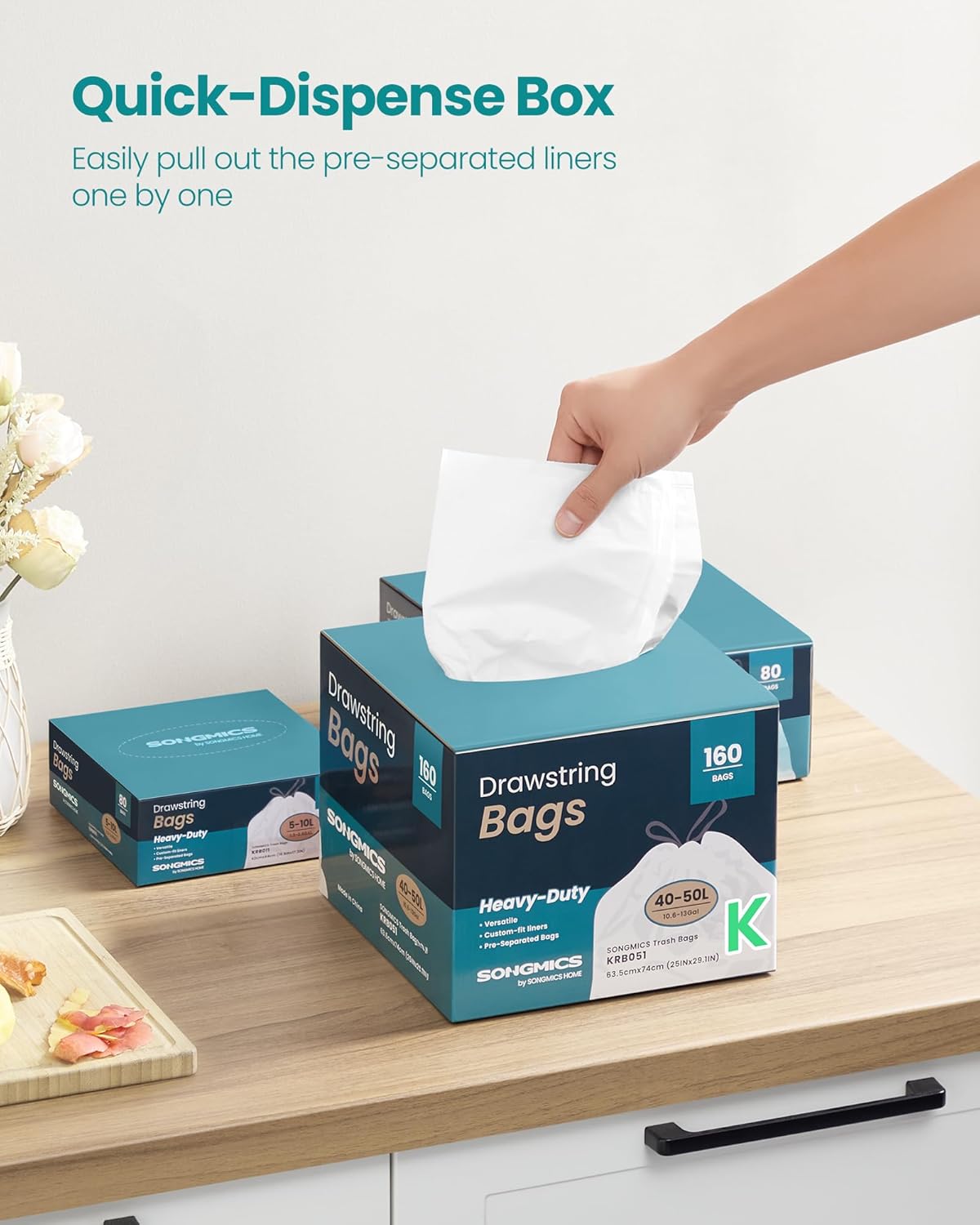 SONGMICS Trash Bags for 13-Gallon (50 L) Trash Cans, Drawstring Kitchen Garbage Bags, Pre-Separated, Quick-Dispense Box, Liner Code K, 4 Rolls, 160 Count, White UKRB051A04