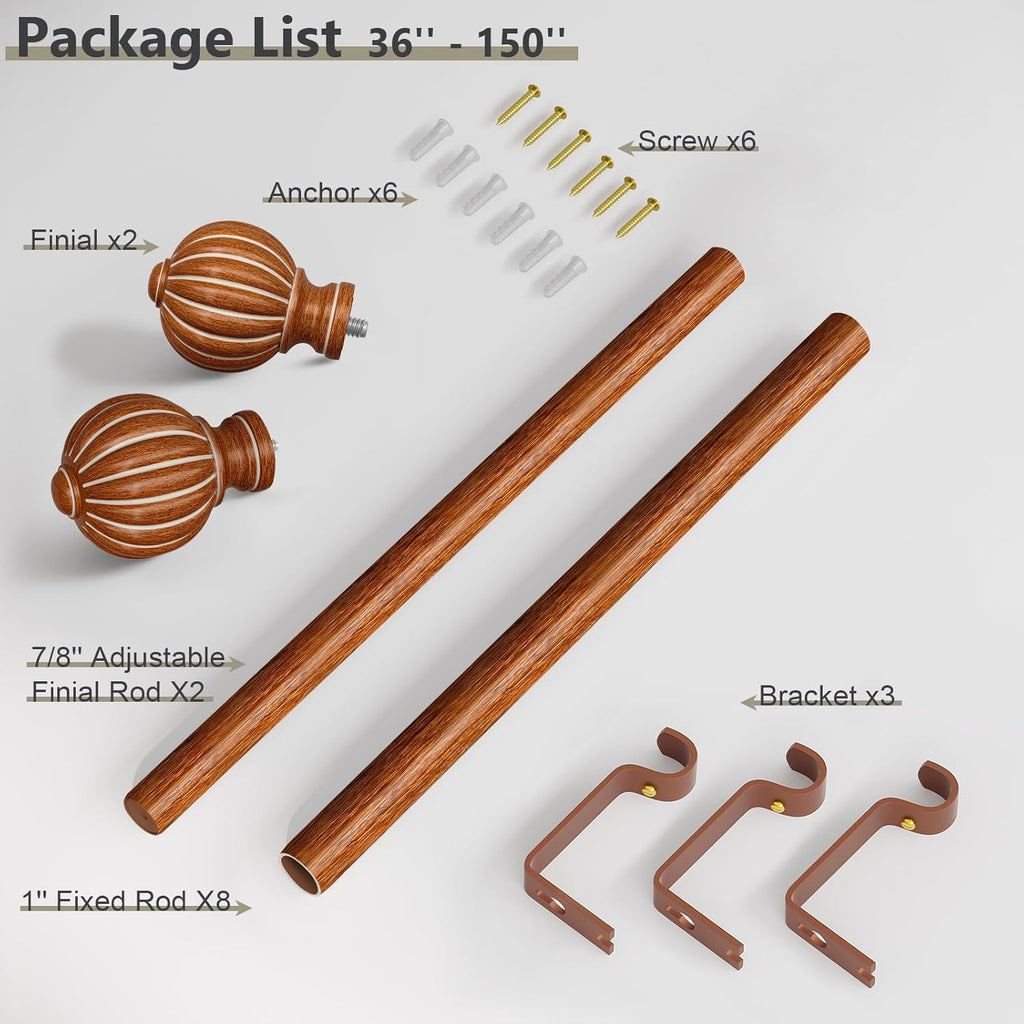 Reddish-Brown Wood Curtain Rods for Windows 72 to 144 Inch, 1'' Adjustable Heavy Duty Curtain Rod，Vintage Imitation Wood Decorative Drapery Rods with Pumpkin Finials for Bedroom Living Room