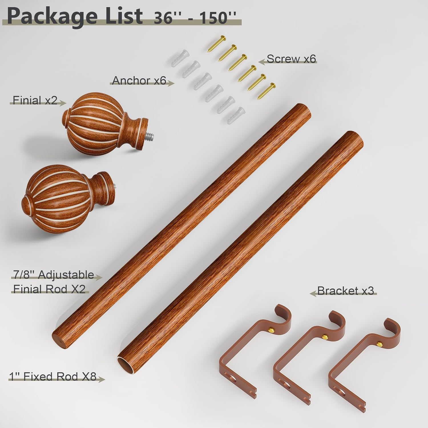 Reddish-Brown Wood Curtain Rods for Windows 72 to 144 Inch, 1'' Adjustable Heavy Duty Curtain Rod，Vintage Imitation Wood Decorative Drapery Rods with Pumpkin Finials for Bedroom Living Room