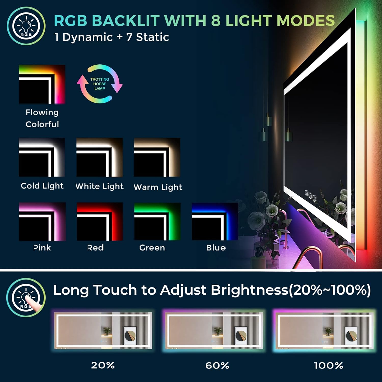 96x36 Inch RGB LED Bathroom Mirror Front Light and RGB Backlit Lighted Vanity Mirror for Bathroom Wall Mounted Dimmable Anti Fog Memory Shatter-Proof IP54 Waterproof Horizontal/Vertical