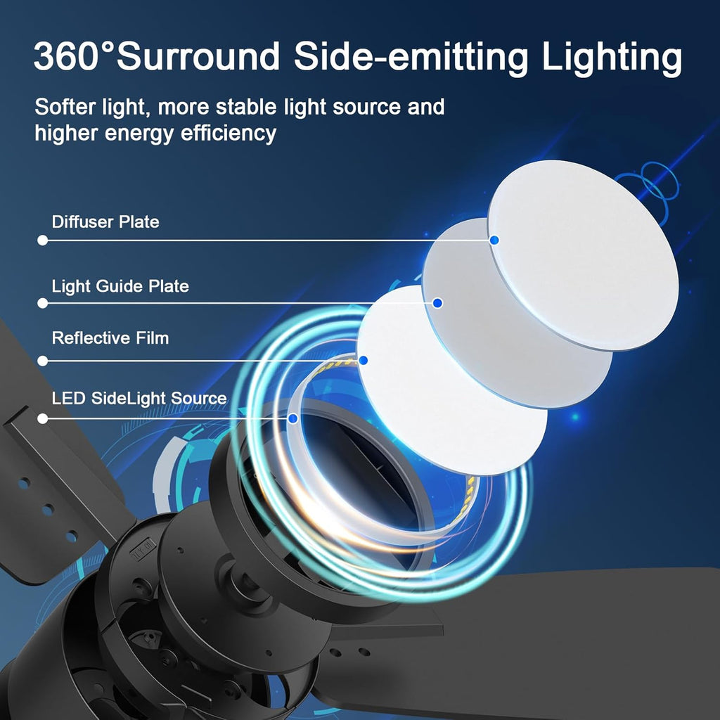 Ceiling Fans with Lights,42 inch,Quiet Reversible Motor,Easy to Install,6 Speeds,3CCT,Timer, Black Modern Ceiling Fan for Living Room, Bedroom, Kitchen, Dining room, Office