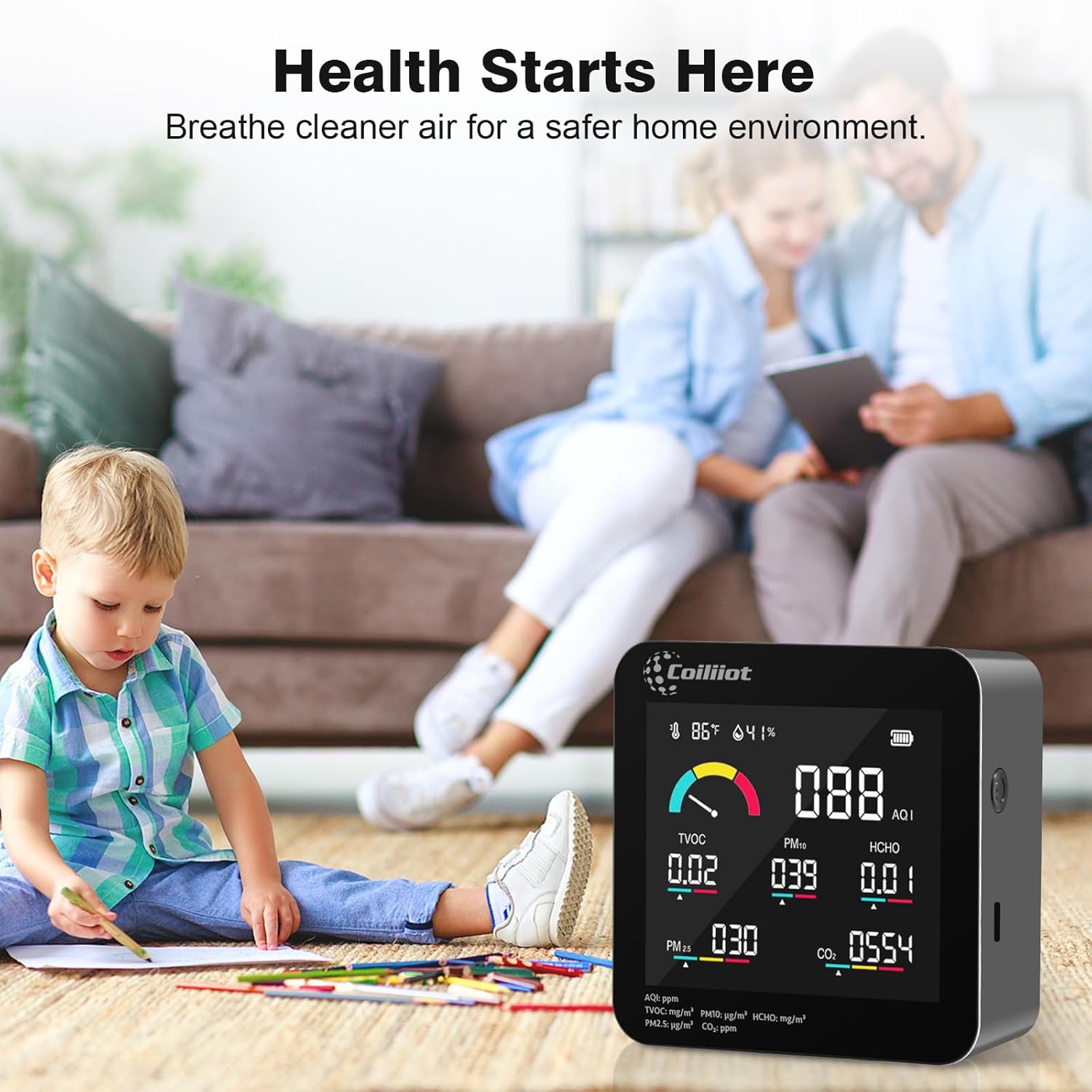 Air Quality Monitor Indoor – CO2 Detector, VOC Meter and AQI Tester Tracks TVOC, HCHO, PM2.5 & PM10 with Temperature & Humidity Sensor for Home Office (Black)
