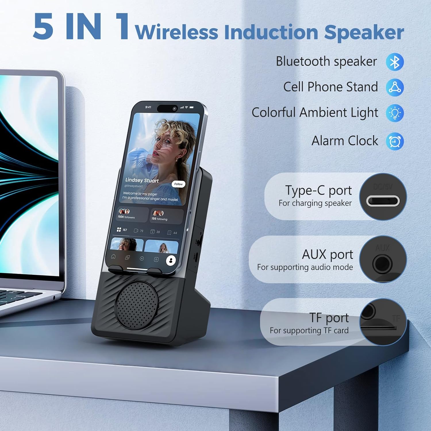 Wireless Induction Speaker, 5 in 1 Bluetooth Speaker with Cell Phone Stand, Phone Holder with Rechargeable Colorful Light and Alarm Clock for iPhone/Android/iPad, for Men Women（Black）