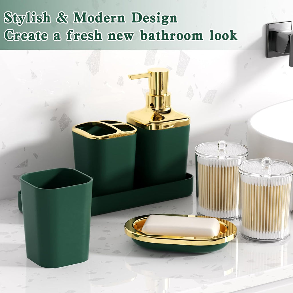 Green and Gold Bathroom Accessories Set, Bathroom Sets with Shower Curtain, Green Bathroom Accessories with Trash Can, Soap Dispenser, Soap Dish, Toilet Brush Holder, Qtip Holders