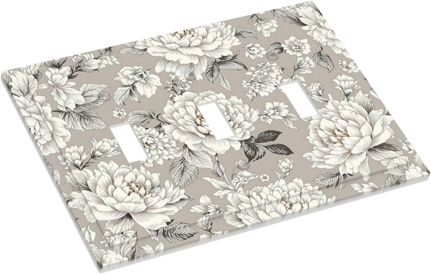 White Poppies Floral Modern Grey Peonies Flowers Decorative Switch Plates 3 Gang Wall Plate Triple Toggle Light Switch Cover Electrical Wall Panels Faceplate for Bedroom Bathroom Decor