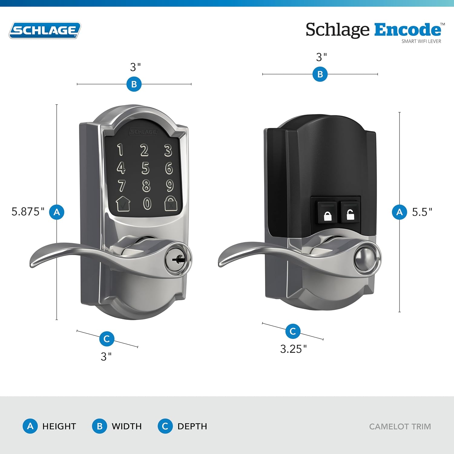 Schlage FE789WB CAM 625 Acc Encode WiFi Accent Lever Smart Lock, Keyless Entry Touchscreen Door Lock with Camelot Trim, Bright Chrome