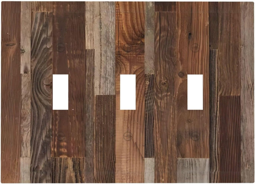 Vintage Brown Wooden Boards Print Wood Grain Decorative Switch Plates 3 Gang Wall Plate Triple Toggle Light Switch Cover Faceplate Electrical Wall Panels for Farmhouse Home Decor