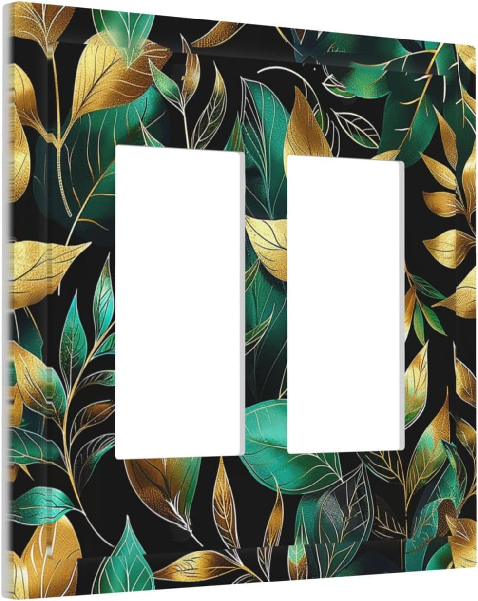 Decorative Outlet Covers Vintage Dark Green Vine Leaf Golden Plants 2 Gang Double GFCI Rocker Electrical Wall Panels Light Switch Cover Plate for Bed Room Cabin Decor
