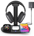 Headphone Stand with 15w Wireless Charger, Suguder 4 in 1 Charging Station Headset Holder for AirPods Max/Pro/4/3/2 iWatch 10/9/8/7/6/5/4/3/2/1/SE iPhone 17/16/15/14/13/12/11/X for Desktop Table Game
