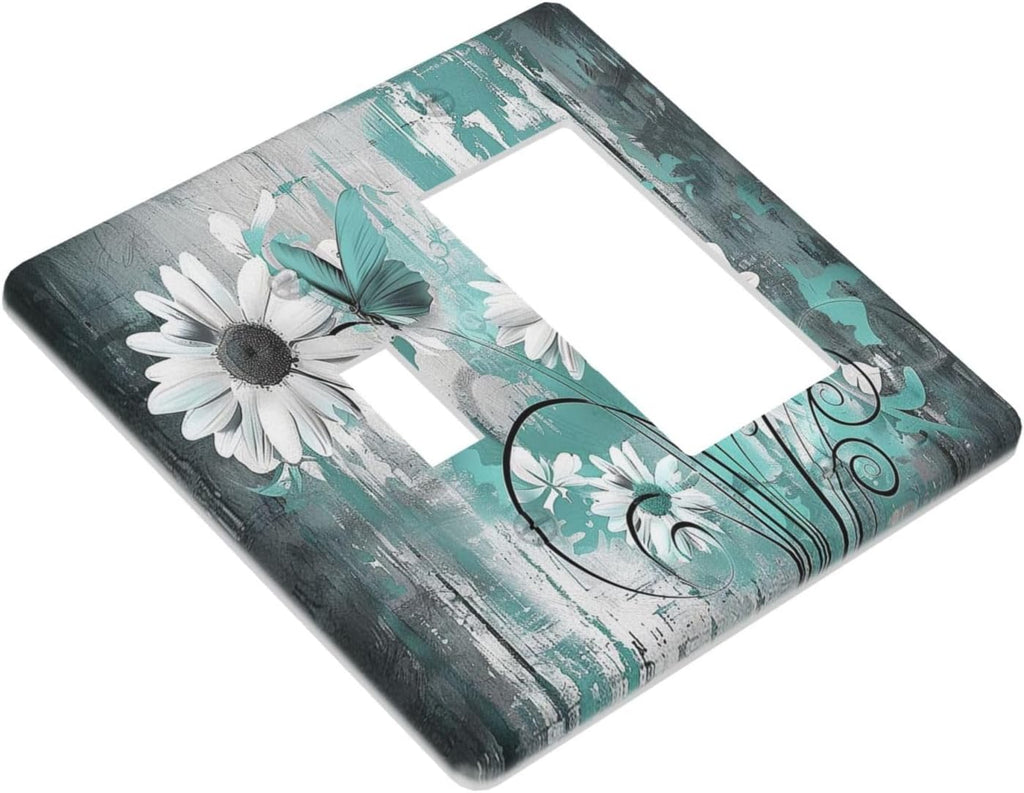 Outlet Covers Teal Daisy Floral Vintage Wood Plank 1 Toggle 1 Rocker Combination Decorative Wall Plate Electrical Switch Plates Light Switch Cover Plate For Farmhouse Cabin Decor