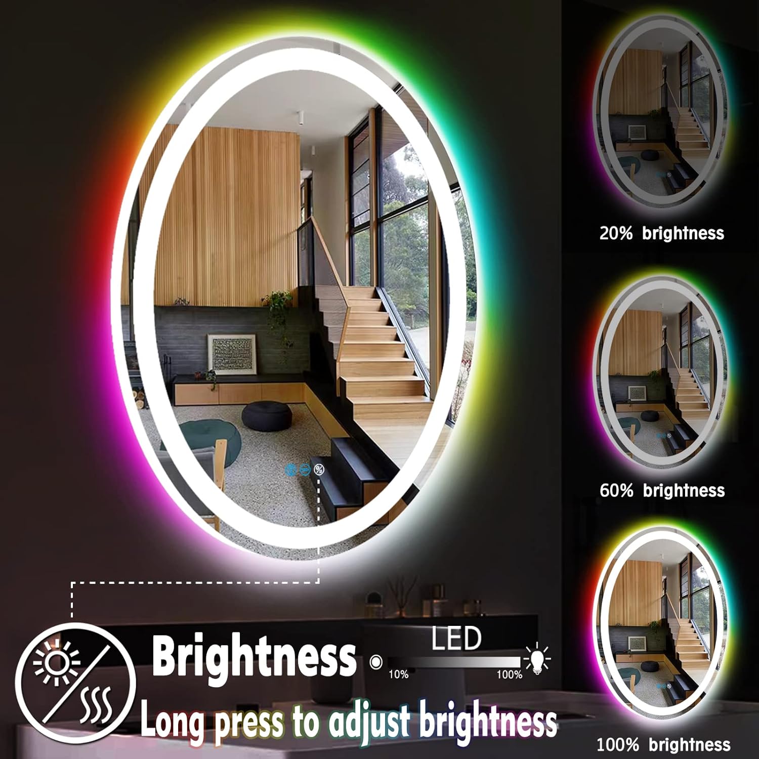 THEKLA 24 x 32 Inch LED Oval Mirror with 3 Color Front Lights + RGB Rainbow Color Changing Backlit Oval Lighted Vanity Mirror for Bathroom Wall Dimmable AntiFog 32in Ovals Smart Light up Mirrors